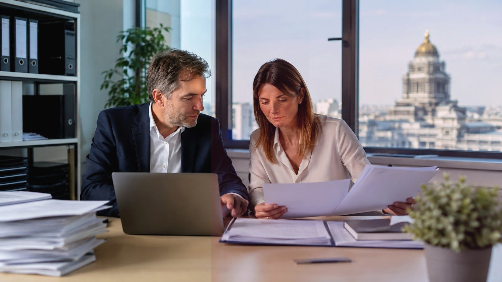 Professionnels analysant des documents dans un bureau